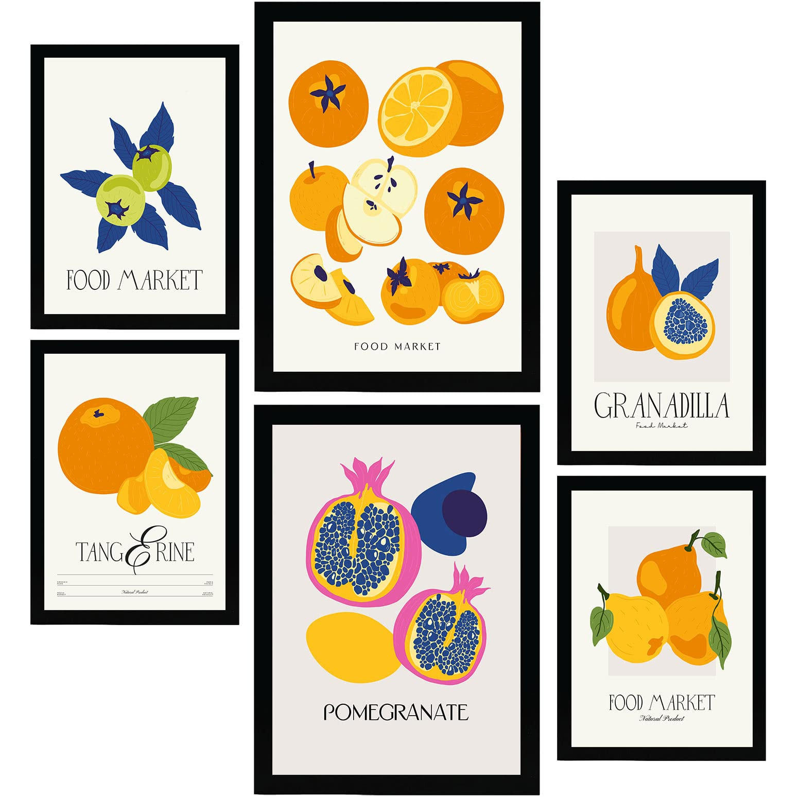 POSTER Set Mit 6 Lebensmittel Und Ernährungs Runde Früchte Natur Und Botanikdrucke Für Innenarchitektur A3 & A4 Schwarzer Rahmen - Schwarz, Papier (29/3cm) - Nacnic