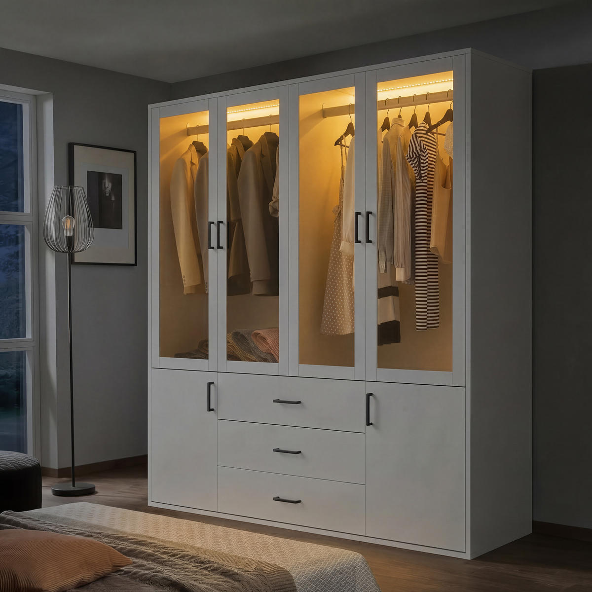 KLEIDERSCHRANK 4-türig Weiß mit Glastüren & LED-Licht - Weiß, Holzwerkstoff (51.8/182/160cm) - SHOPENTRA