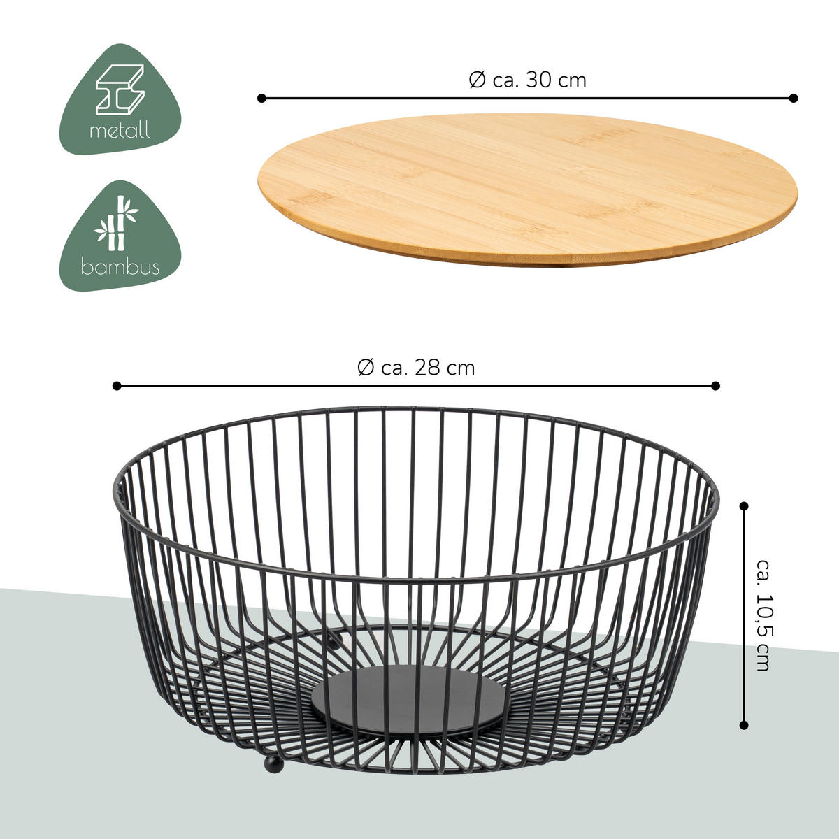 OBSTKORB mit Bambusdeckel, schwarz, rund - Schwarz, Metall (12.5cm) - eluno