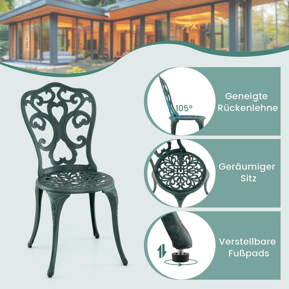 BISTROSET 3-teilig – Gartentisch mit 2 Stühlen, wetterfest - Grün, Metall - Auledio