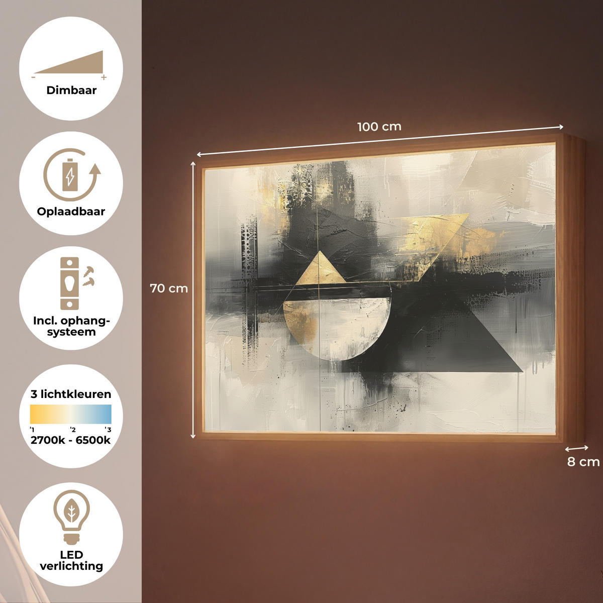 NÁSTĚNNÁ LAMPA S AKUMULÁTOREM Abstraktní - černá - barva - moderní 100x70 cm - šedá, kompozitní dřevo (100/70/8cm) - OnlyWow