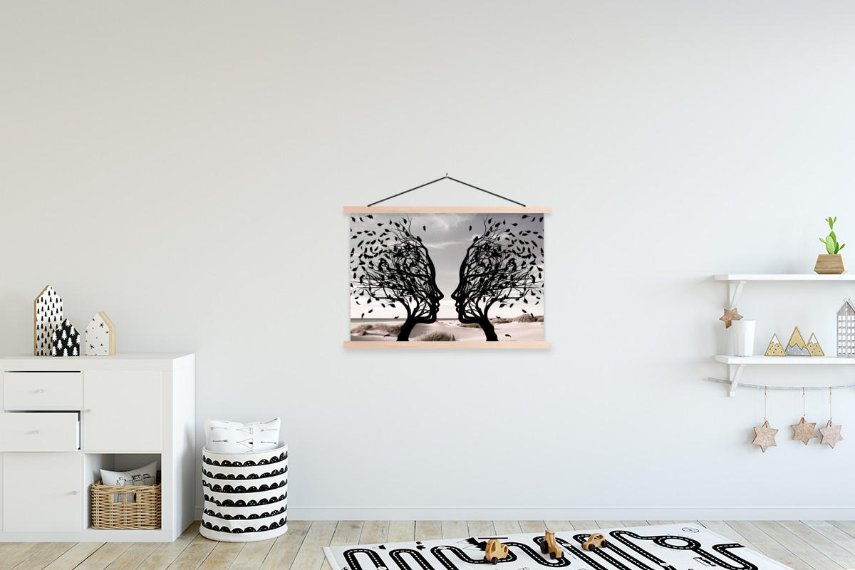 POSTER Strand - Meer - Menschen - Baum - Moderne Kunst 90x60 cm - Hellgrau, Textil (90/60/0.15cm) - MuchoWow
