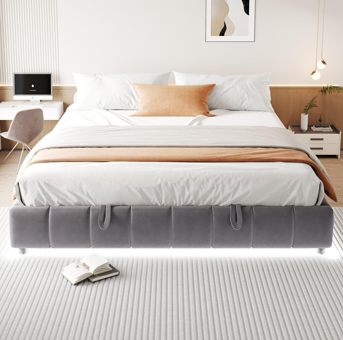 POLSTERBETT 180/200 cm in Grau mit Stauraum und LED-Beleuchtung - Grau, Textil (180/200cm) - Flora Grace