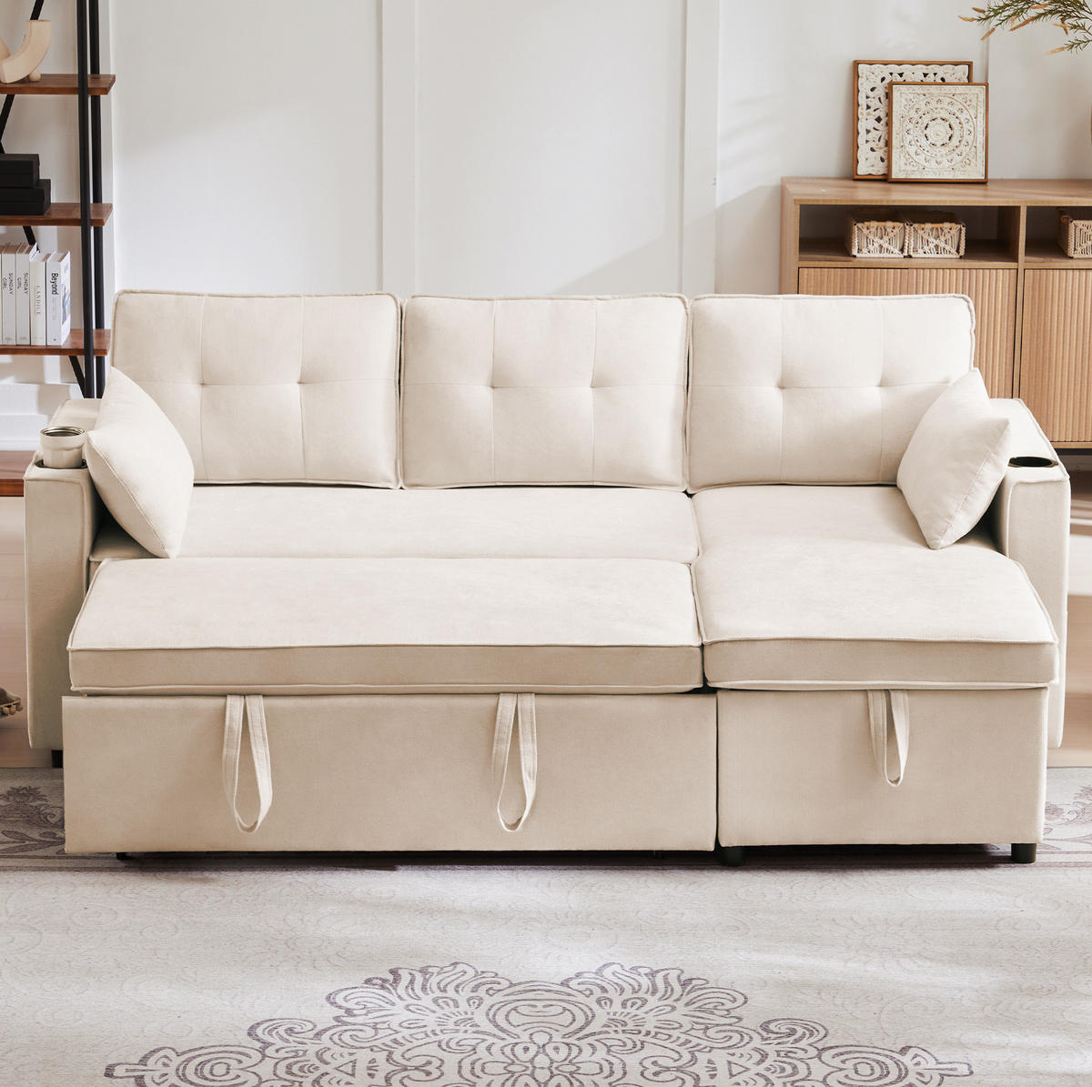 SCHLAFSOFA 211/130 cm mit Bettkasten und Chaiselongue in Beige - Beige, Textil (130/86/211cm) - BEAOK