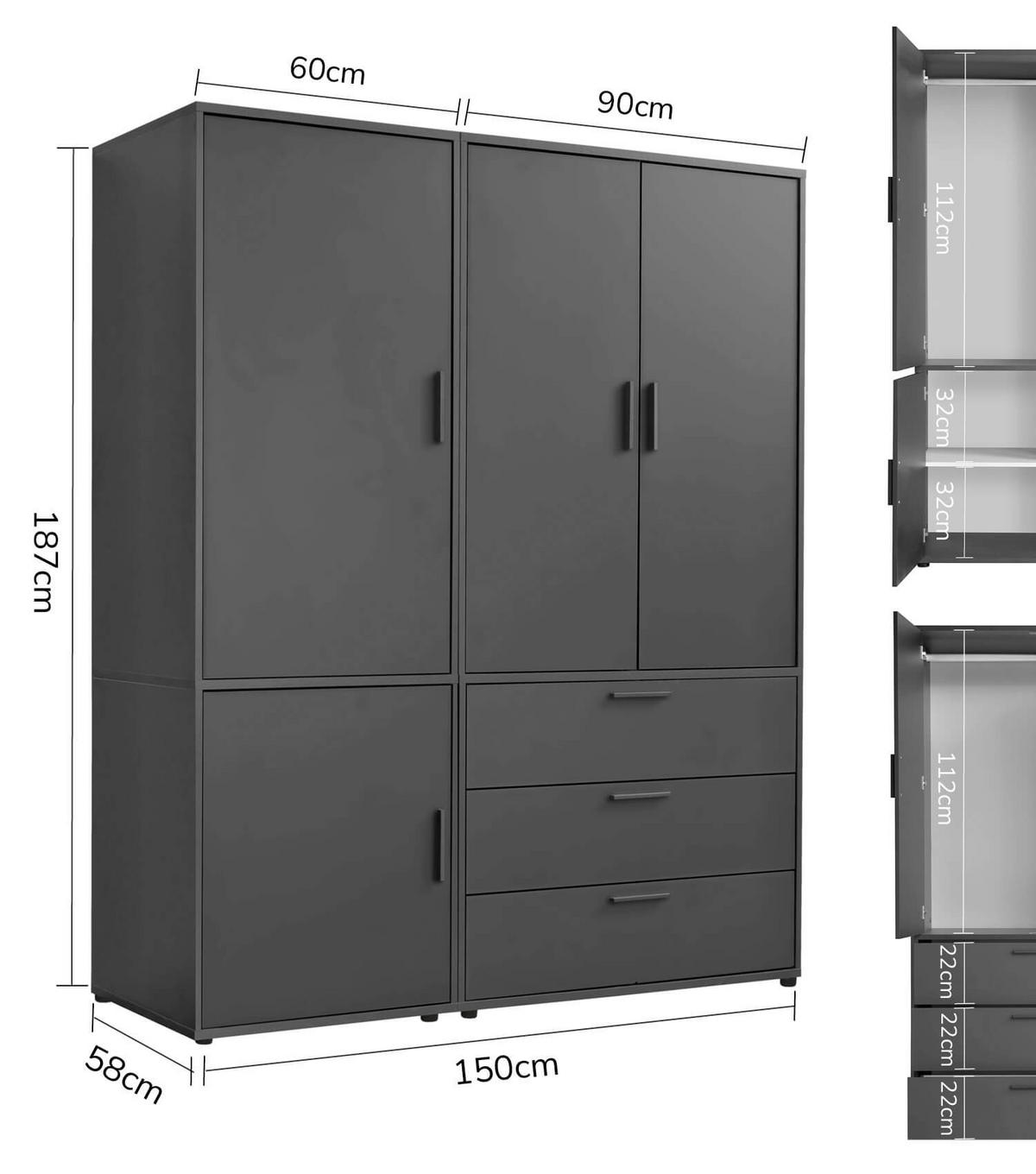 KLEIDERSCHRANK Der Grenzenlose - Anthrazit, Holzwerkstoff (150/187/58cm) - Mokebo