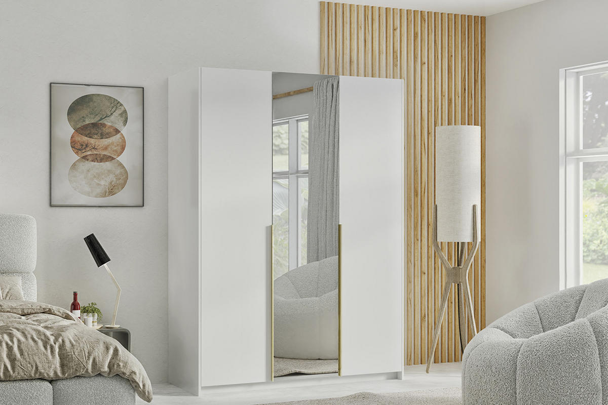 DREHTÜRENSCHRANK Apollonia mit Spiegel 150x204cm 3-türig, weiß, goldene Griffe - Goldfarben/Weiß, Kunststoff (58/205/150cm) - Margaret Hadas24