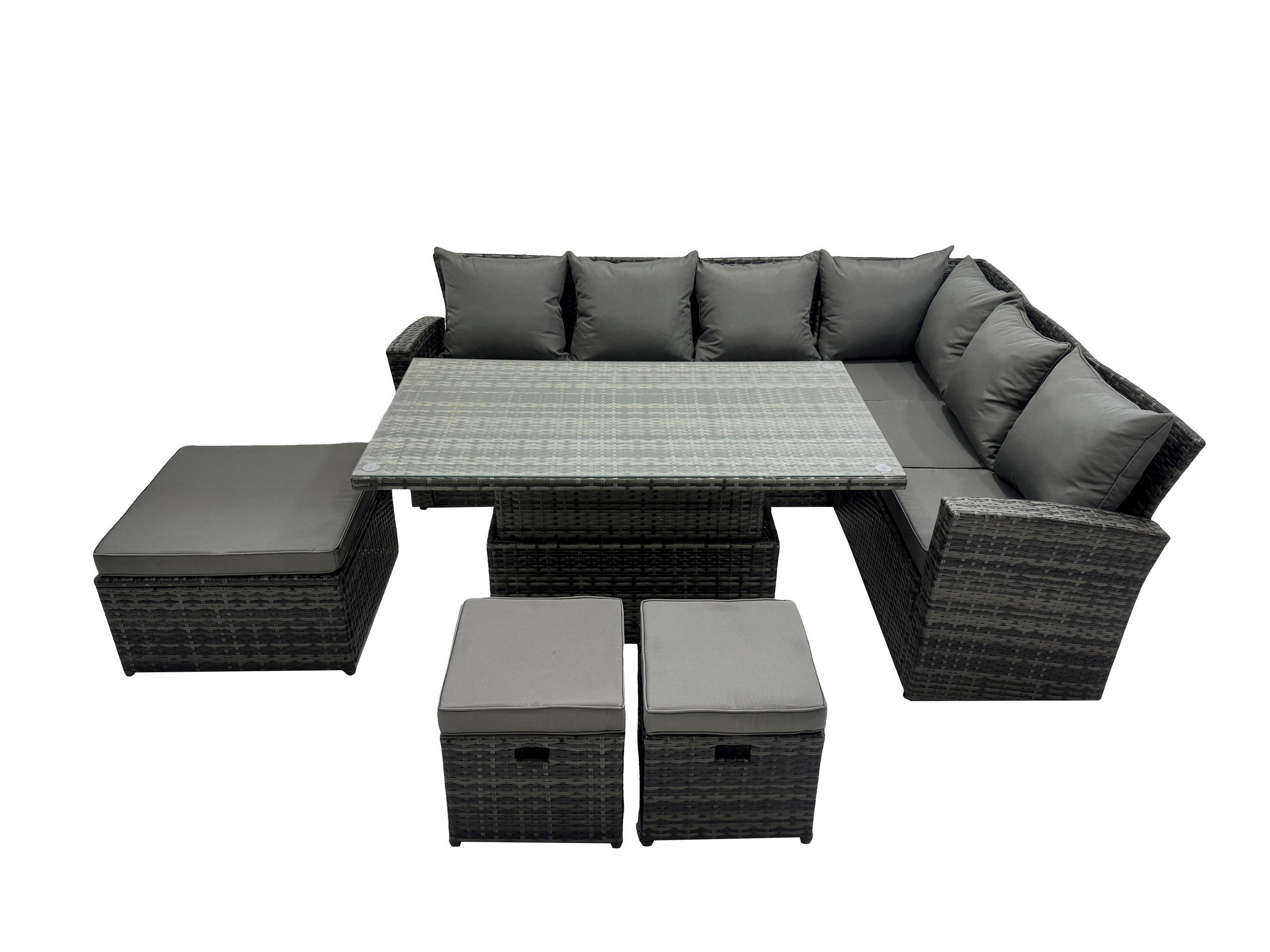 GARTENTISCHGRUPPE Polyrattan 9-Sitzer - Dunkelgrau/Grau, Glas/Kunststoff - Fimous