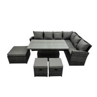 GARTENTISCHGRUPPE Polyrattan 9-Sitzer - Dunkelgrau/Grau, Glas/Kunststoff - Fimous