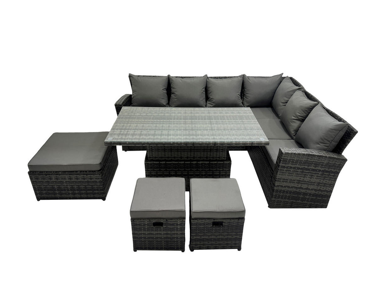 GARTENTISCHGRUPPE Polyrattan 9-Sitzer - Dunkelgrau/Grau, Glas/Kunststoff - Fimous