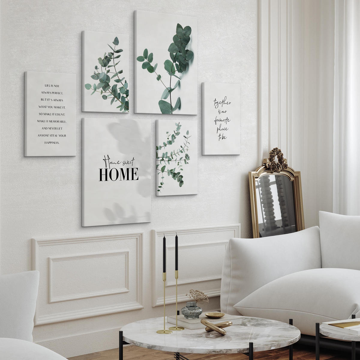 LEINWANDBILDER 6-er Set Blätter Zitate - Schwarz/Weiß, Textil (90/80cm) - Muralo