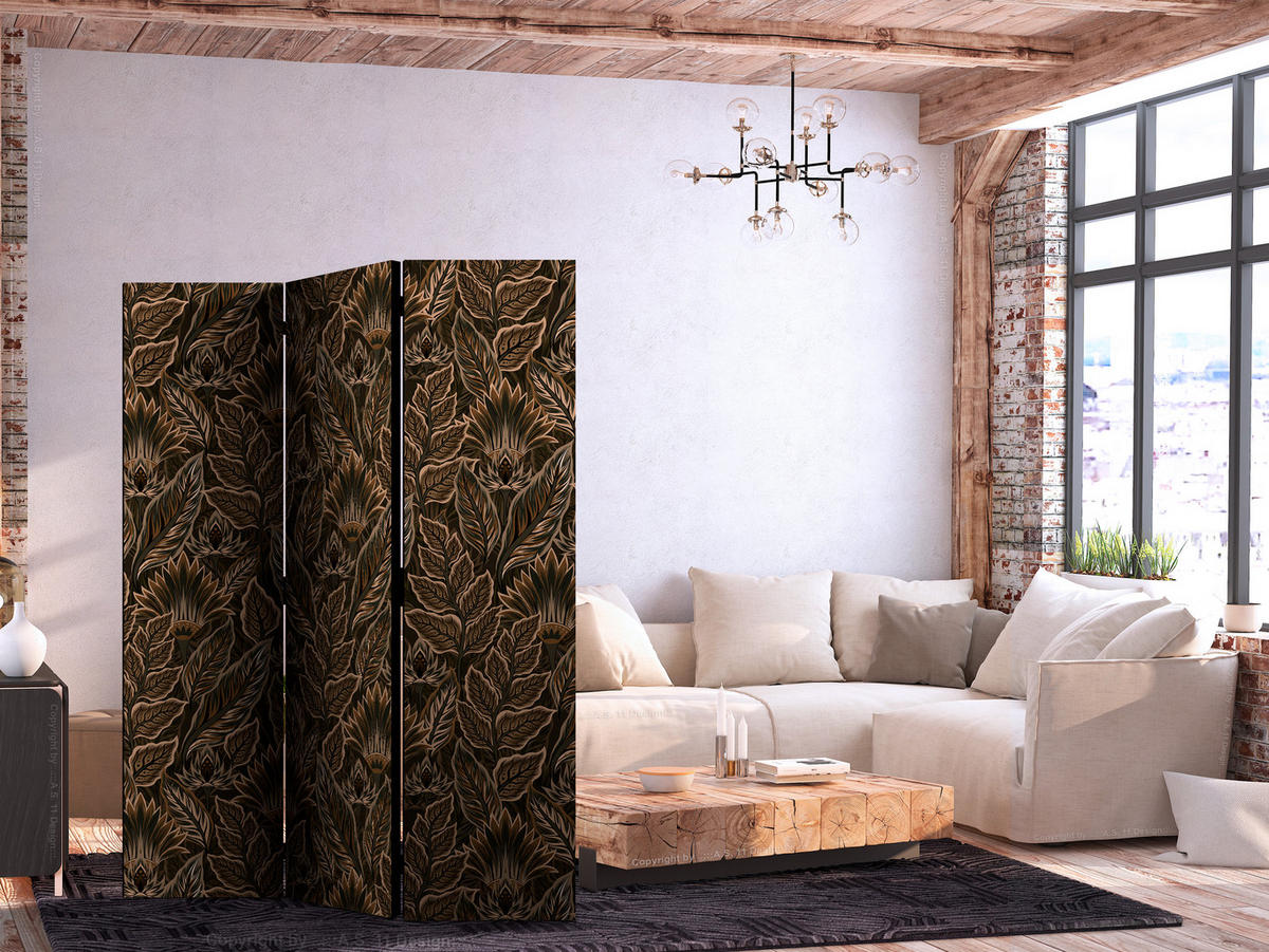 PARAVENT Beidseitig Bedruckter 3-tlg 135x172 cm Braune Bl tter - Braun, Holz/Textil (135/172/3cm) - Muralo