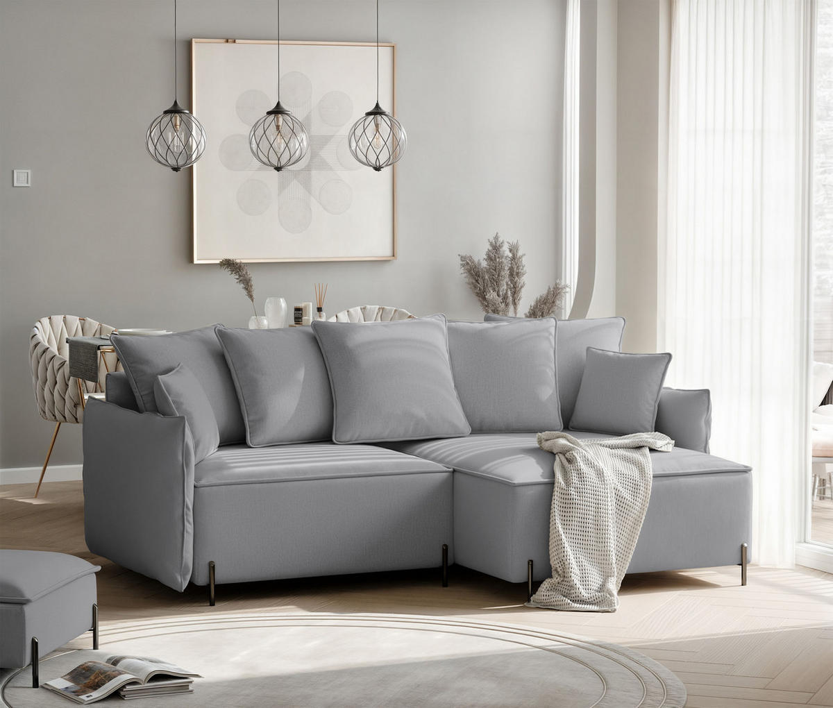 ECKSOFA MARCO Rechts, mit Schlaffunktion und Bettkasten, Grau - Grau, Textil/Metall (221/148cm) - Idohome