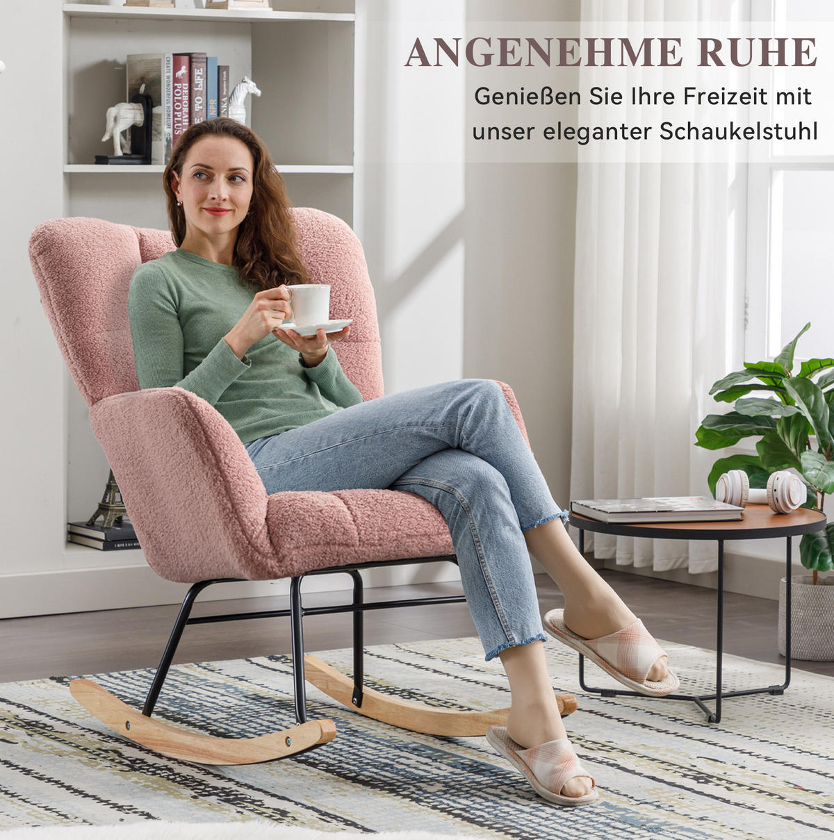 SCHAUKELSTUHL 80/70/95 cm in Rosa aus Teddystoff mit Holz-Kufen - Rosa, Textil (70/95/80cm) - Flora Grace