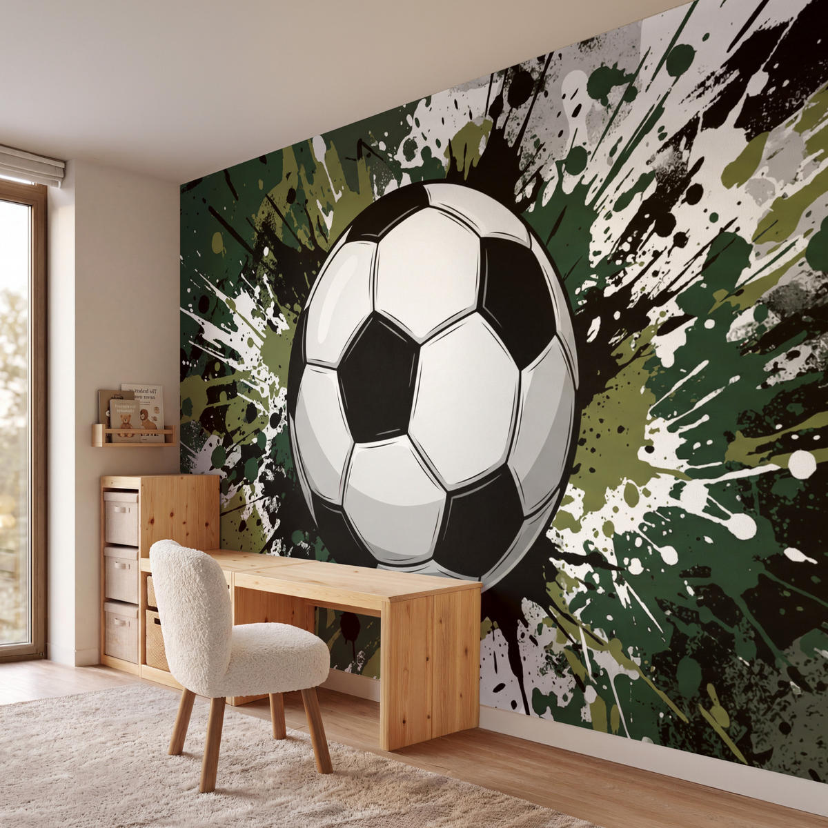 KINDERTAPETE - Fußball - Farbe - Spritzer - Grün - 400x280 cm - Dunkelgrün, Papier (400/280cm) - OnlyWow
