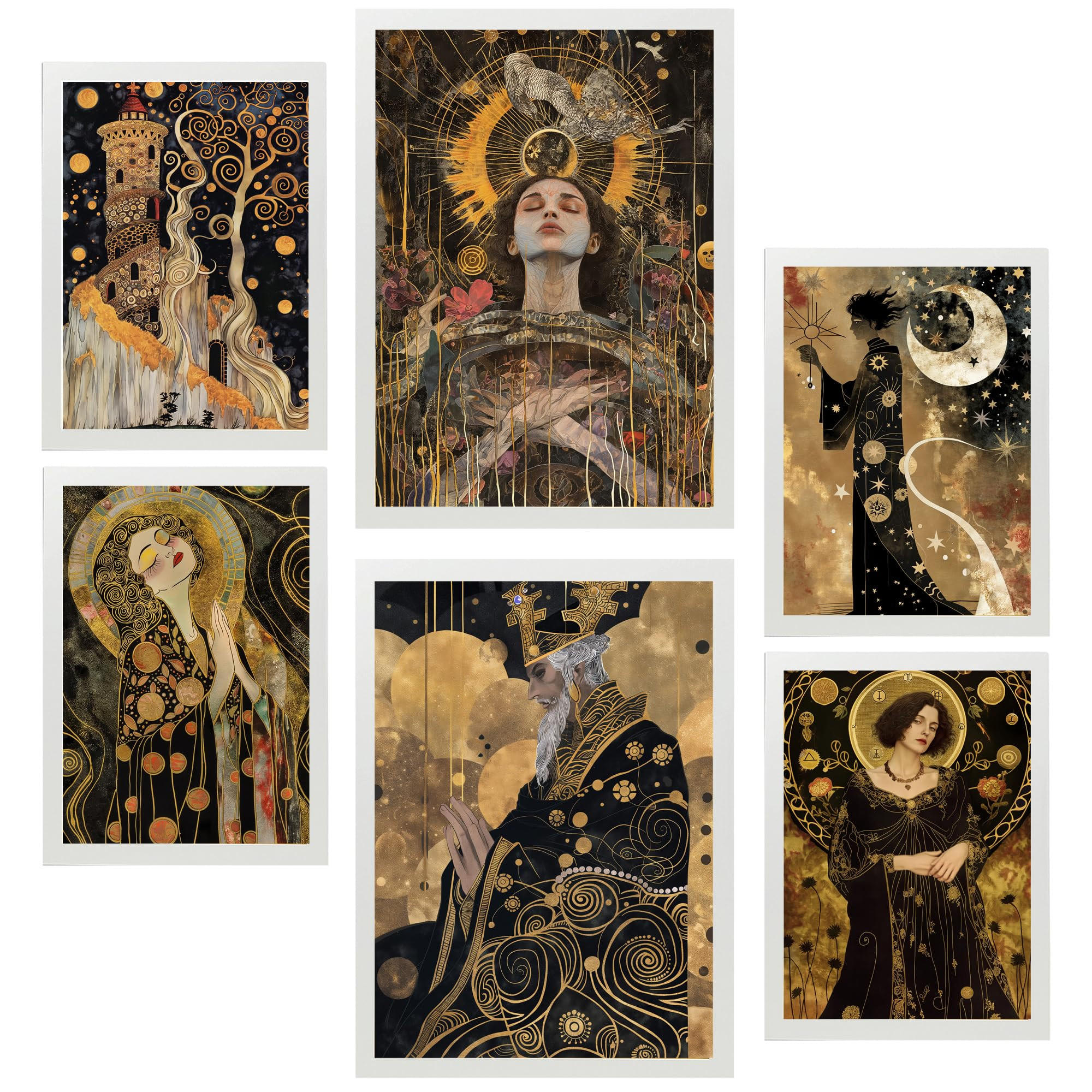 POSTER Set Mit 6 Tarotkarten Arcana Schwarz & Goldfarben A3 & A4 Weißer Rahmen - Weiß, Papier (29/3cm) - Nacnic