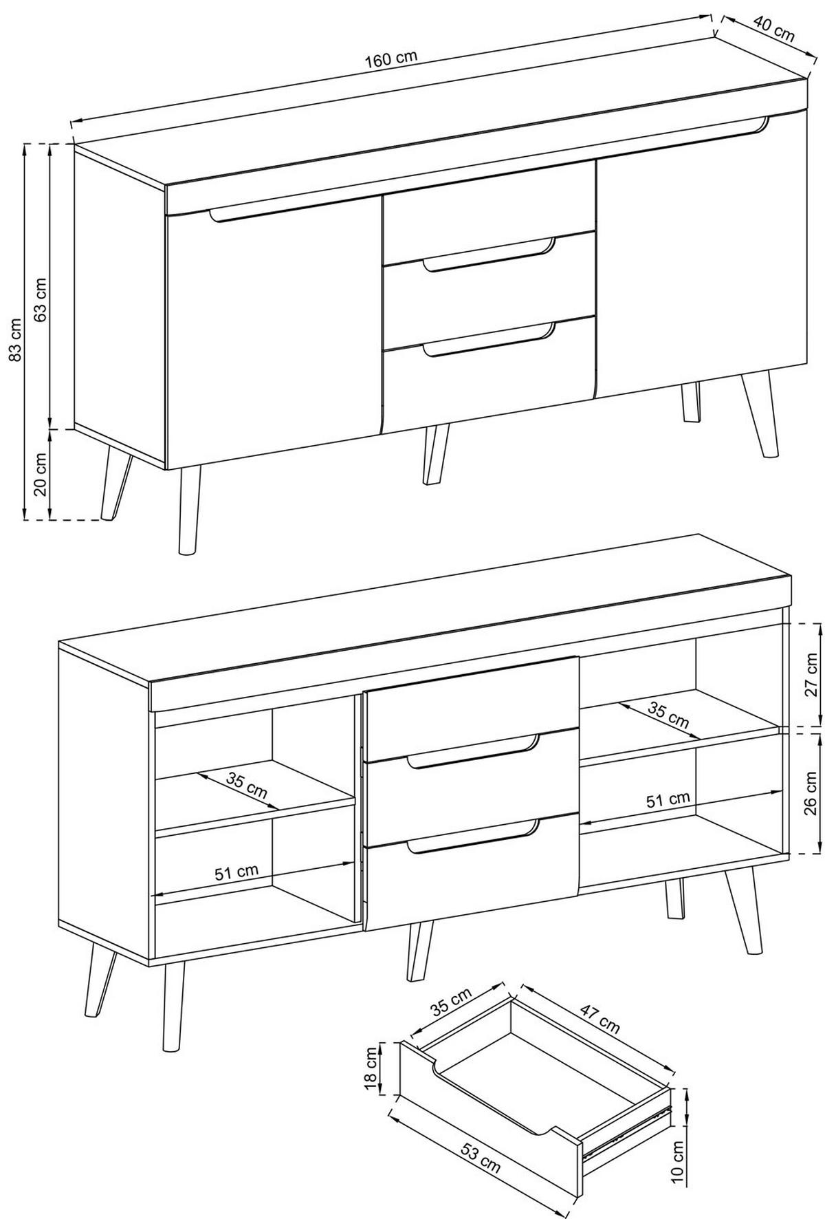 SIDEBOARD Nordi weiß / Riviera Eiche 160 / 40 / 83cm - Weiß Hochglanz/Eichefarben, Holzwerkstoff (160/83/40cm) - Feldmann-Wohnen