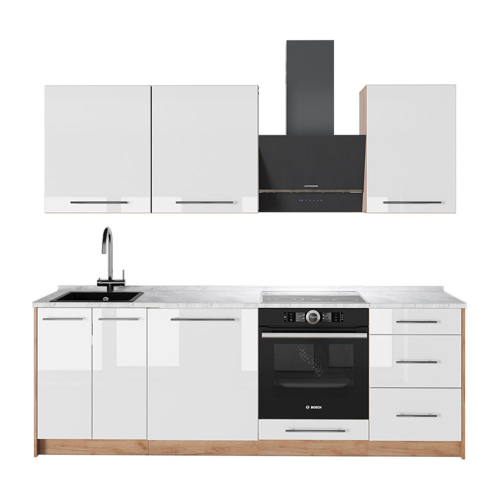 KÜCHENZEILE Fame-Line, Weiß Hochglanz/Goldkraft Eiche, 230 cm, AP Marmor - Honigeiche/Weiß Hochglanz, Holzwerkstoff (230/82/60cm) - Vicco