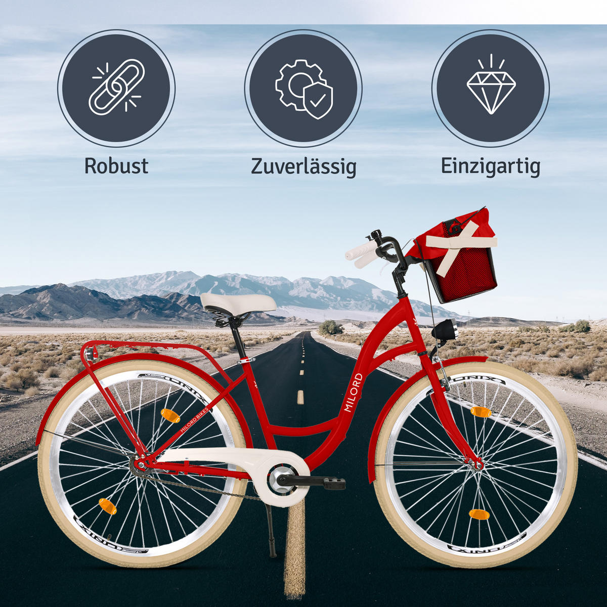 CITY-FAHRRAD Milord mit Metallkorb, 28 Zoll, Rot, 1-Gang - Rot, Metall (46cm) - Milordbikes