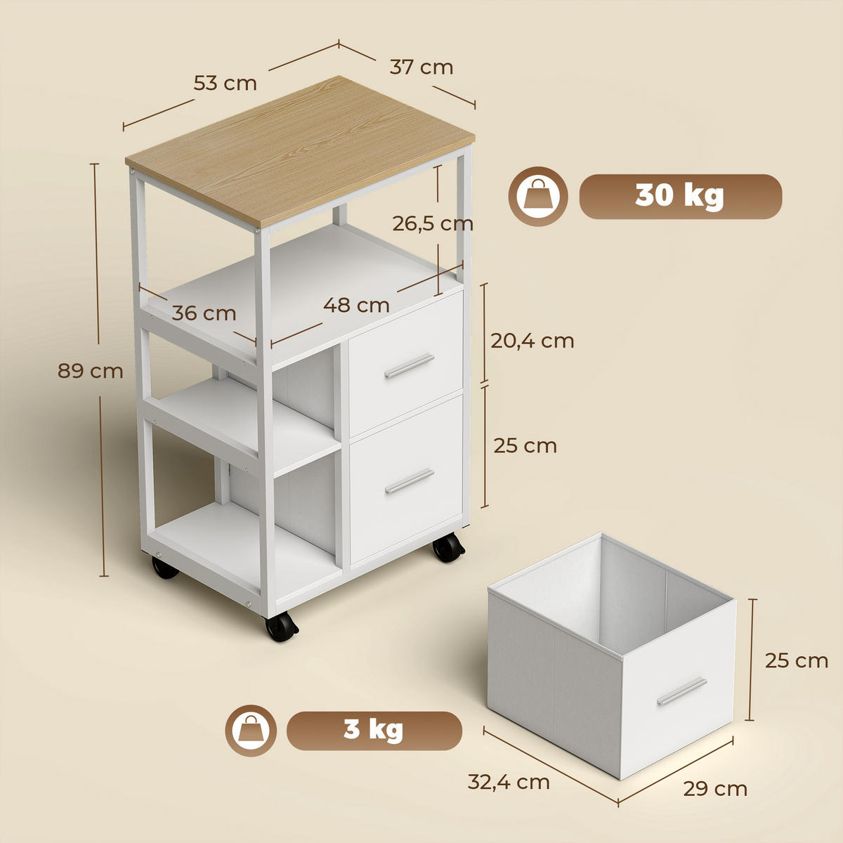 KÜCHENWAGEN Spanplatte Stahl Weiß - Weiß, Holzwerkstoff (37/89/53cm) - HOMCOM