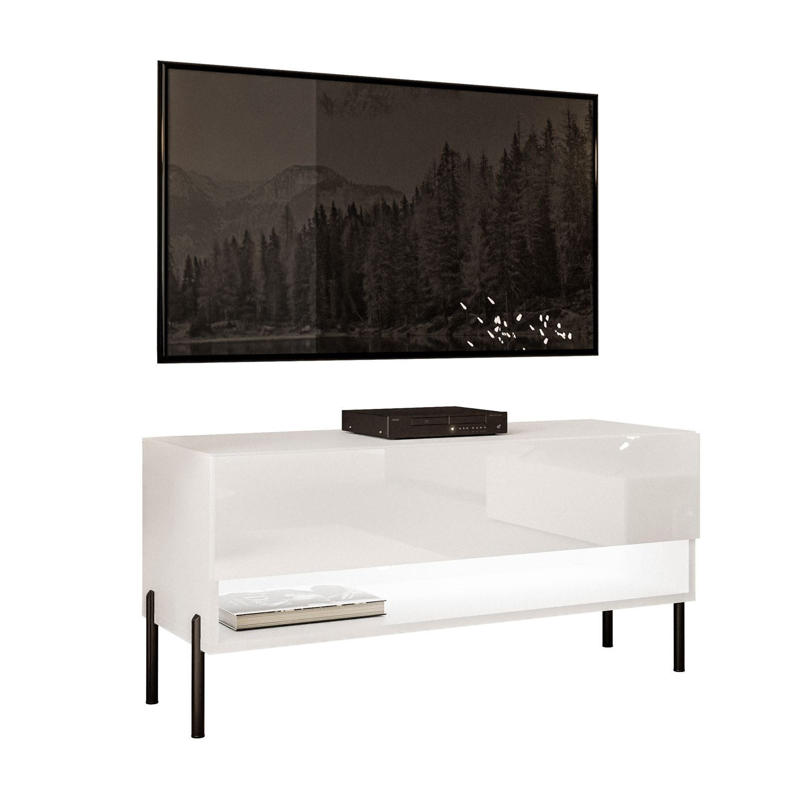 LOWBOARD RTV Schrank CALANTE 90 cm auf geraden schwarzen Beinen - Weiß Hochglanz/Schwarz, Holzwerkstoff/Metall (90/44/35cm) - Lookway