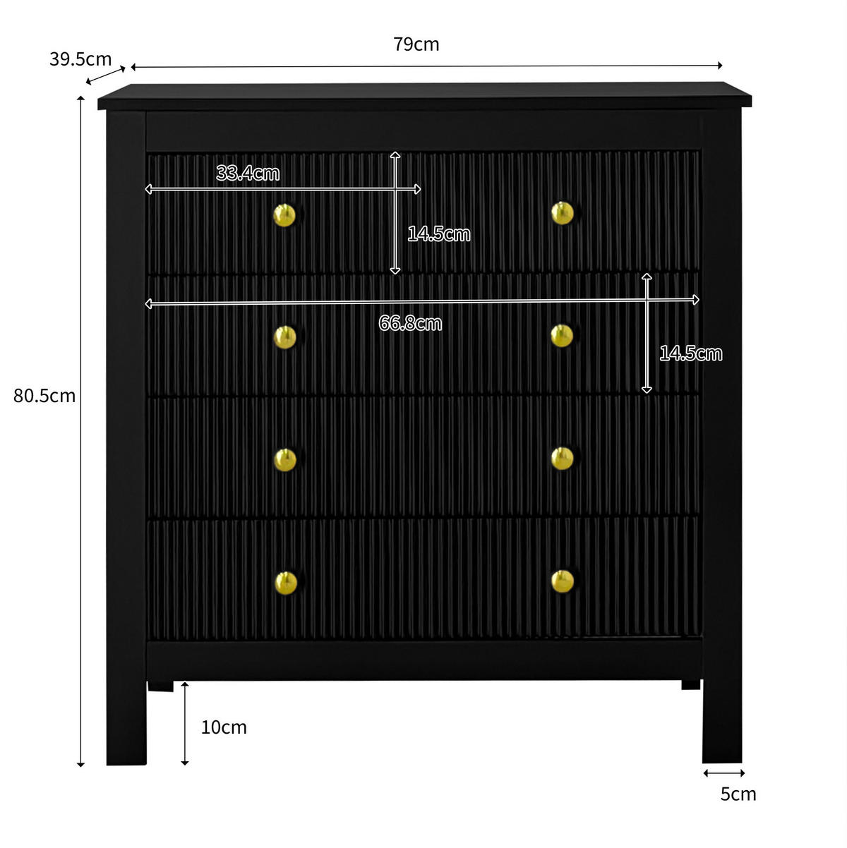 KOMMODE aus Spanplatte 79x39,5x80,5 cm Schwarz mit 5 Schubladen und Goldgriffen - Schwarz, Holzwerkstoff (80.5/80.5/39.5cm) - IVMEU