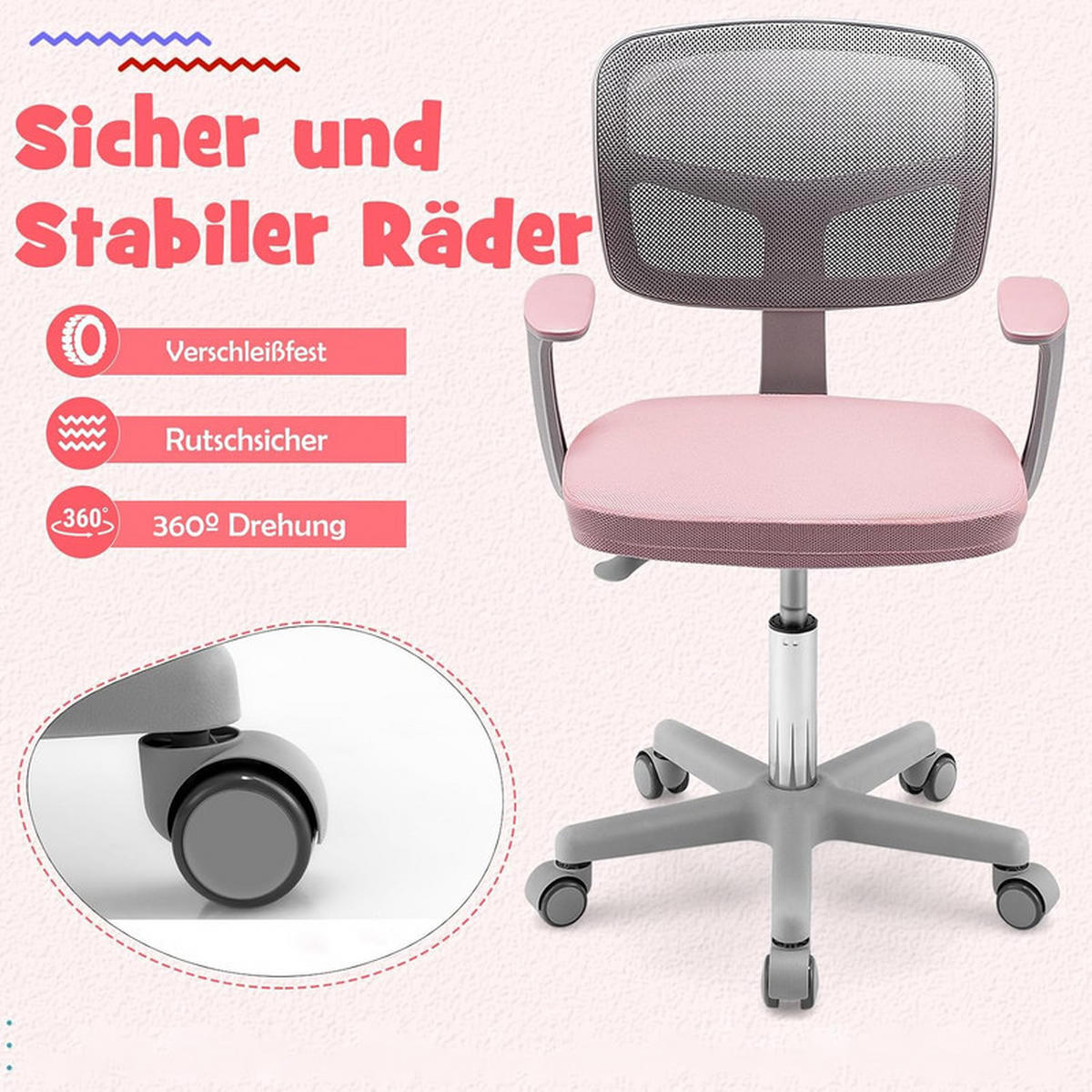 KINDER‑BÜROSTUHL 360°drehbar rosa - Pink, Kunststoff (54/80/54cm) - COSTWAY