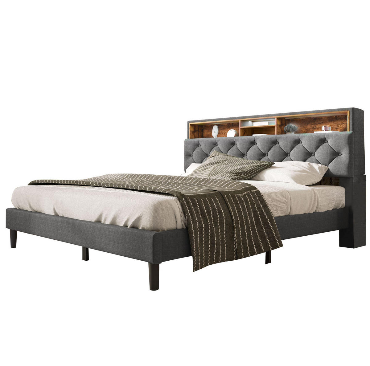 POLSTERBETT 140/200 cm Grau mit Stauraum-Kopfteil und LED-Beleuchtung Ohne Matratze - Grau, Holz (140/200cm) - OKWISH