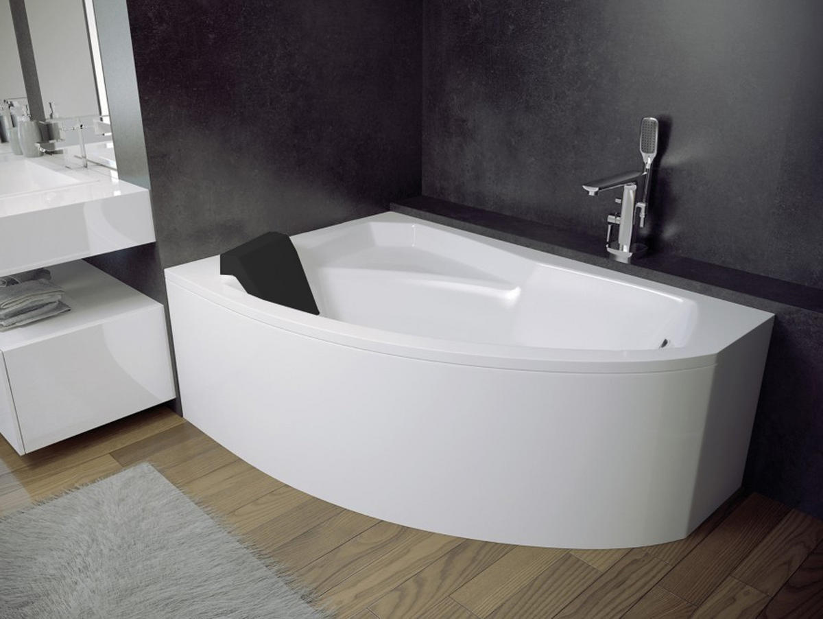 BADEWANNE Eckwanne RIMA 140/90 Links mit schwarzer Kopfstützen Ablauf Füße - Weiß, Kunststoff (90/58.5/140cm) - bad land