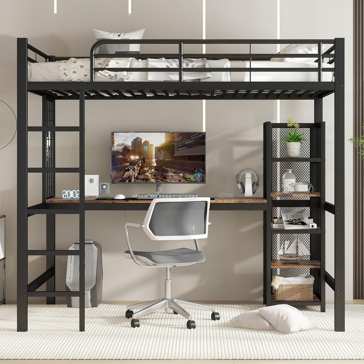 HOCHBETT 90/200 cm schwarz aus Metall mit Tisch und Regal mit Metallgitter - Schwarz, Holzwerkstoff (90/200cm) - OKWISH