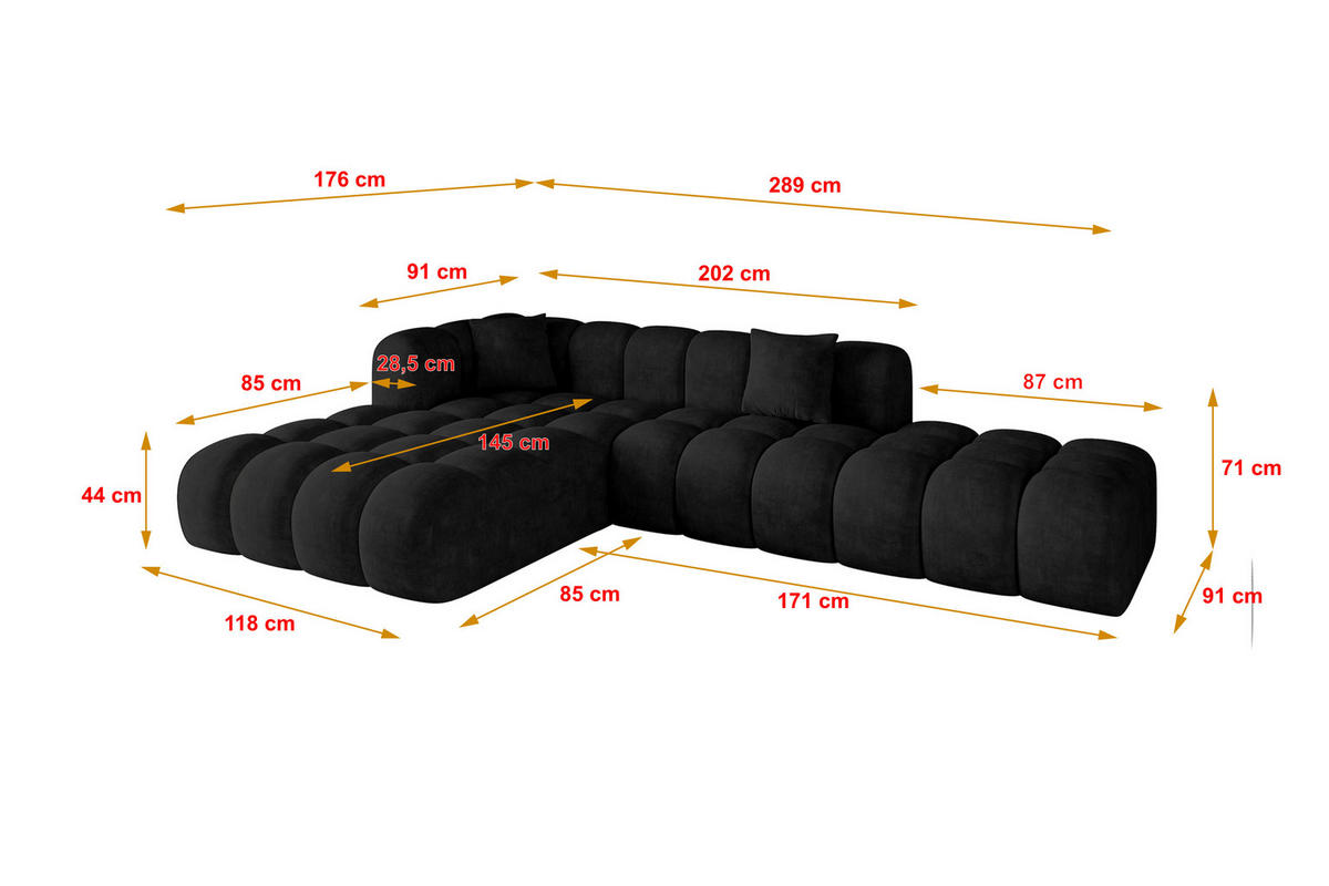ECKSOFA Ottomane Links OLEA-L2 - 289x176x71 cm Schwarz - Schwarz, Holzwerkstoff/Kunststoff (289/176cm) - ALTDECOR