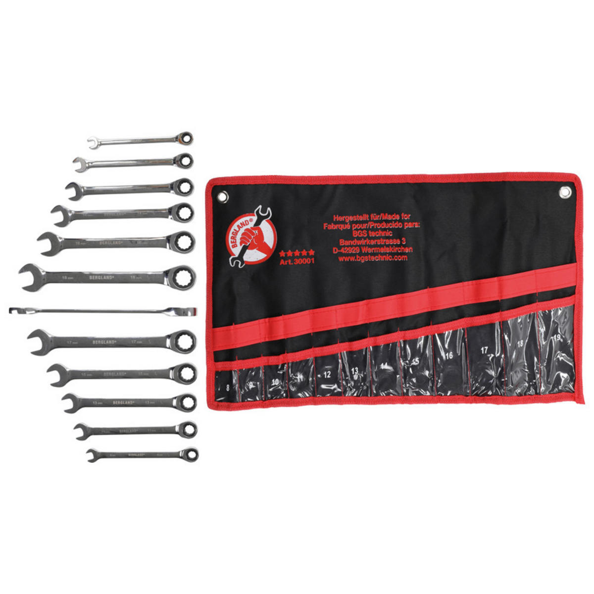 RATSCHENRING-MAULSCHLÜSSEL-SATZ, 12-teilig, 8-19 mm - Multicolor, Kunststoff (360/75/75cm) - BGS technic