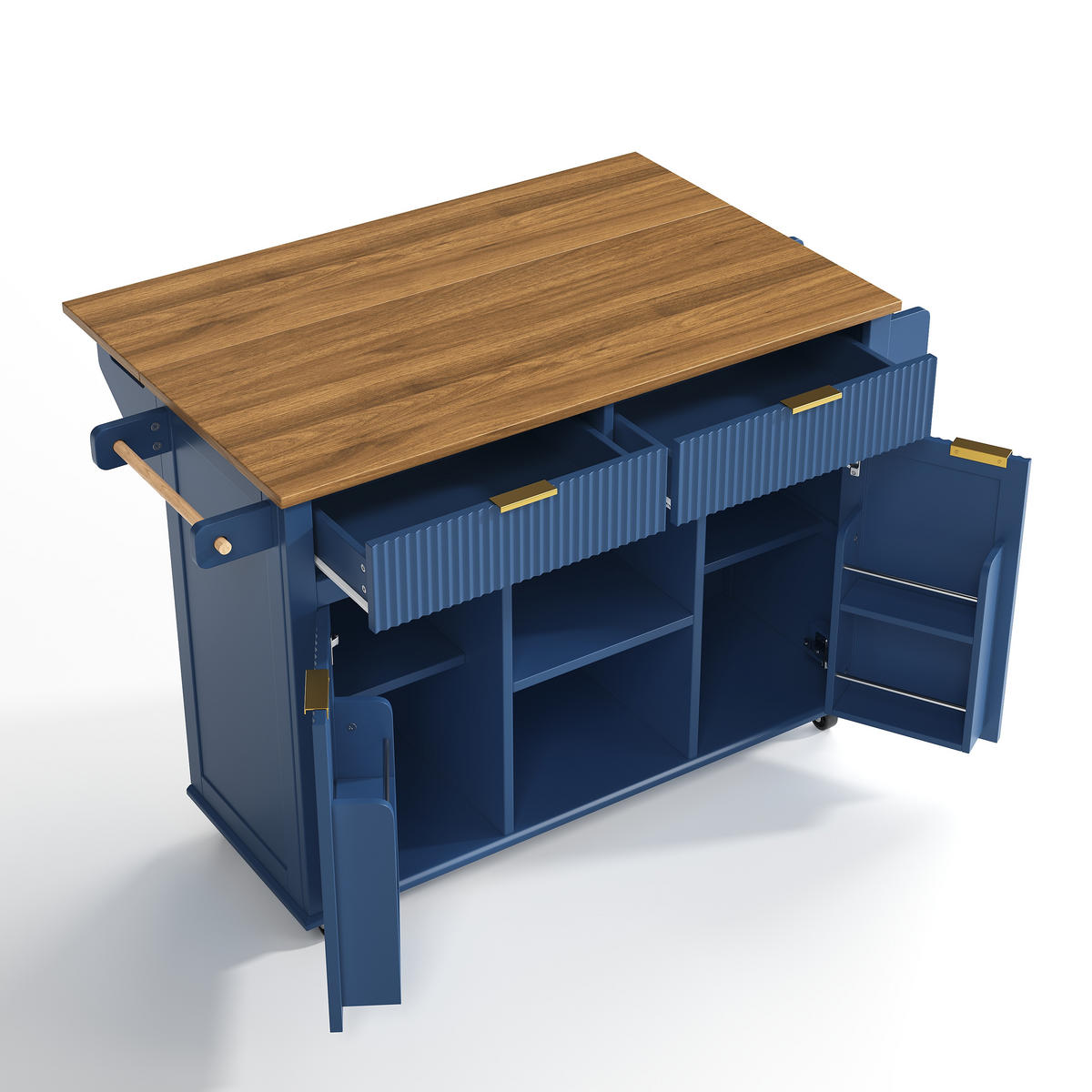 KÜCHENINSEL DE-41395 143/45-69/89,5 cm, klappbare Arbeitsplatte, 2 Schubladen Blau - Blau, Holzwerkstoff (143/89.5/45cm) - ComfortXL