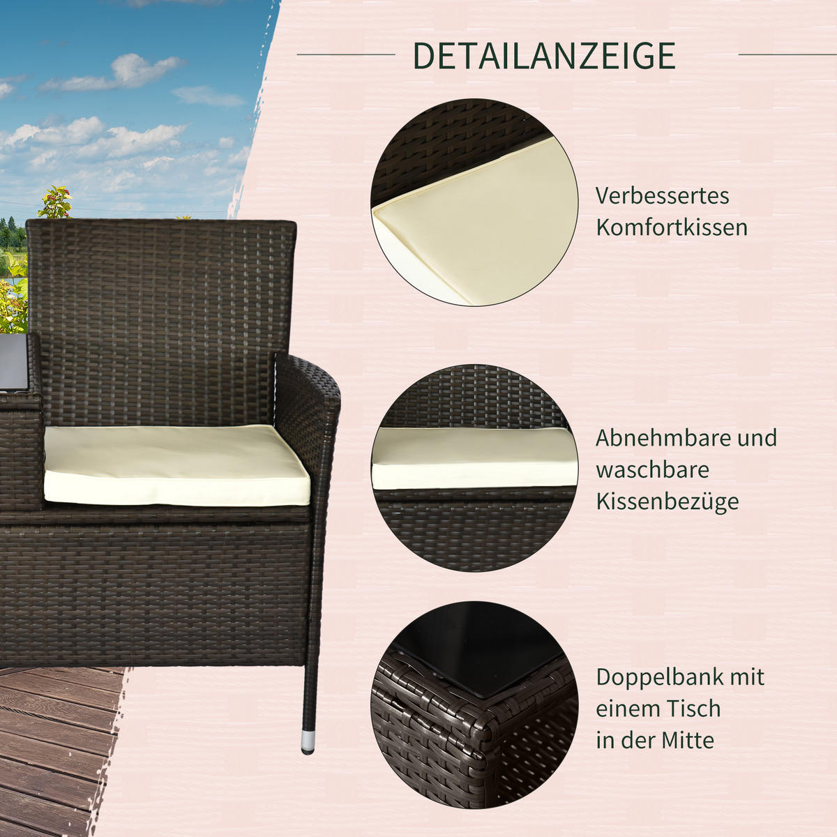 POLYRATTAN Gartenbank mit Tisch 2-Sitzer Stahl Braun B133 x T63 x H84cm - Braun, Kunststoff (63/84/133cm) - Outsunny