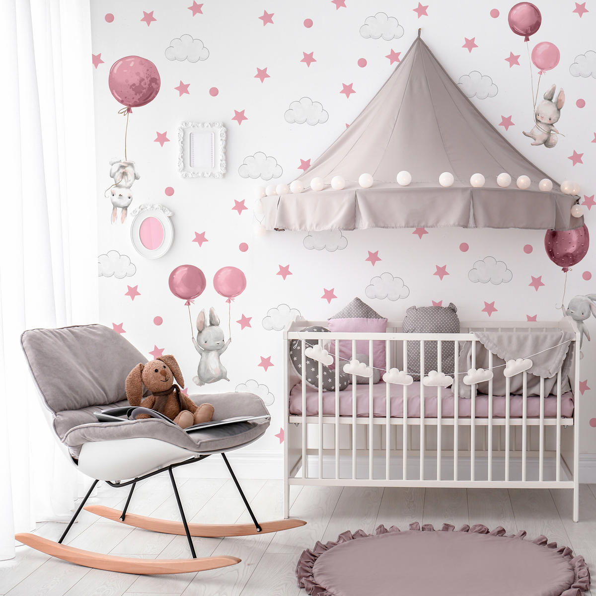STICKER SET Häschen Ballons Sterne Wolken Punkte 120x60 - Rosa/Weiß, Papier (120/60/1cm) - Muralo