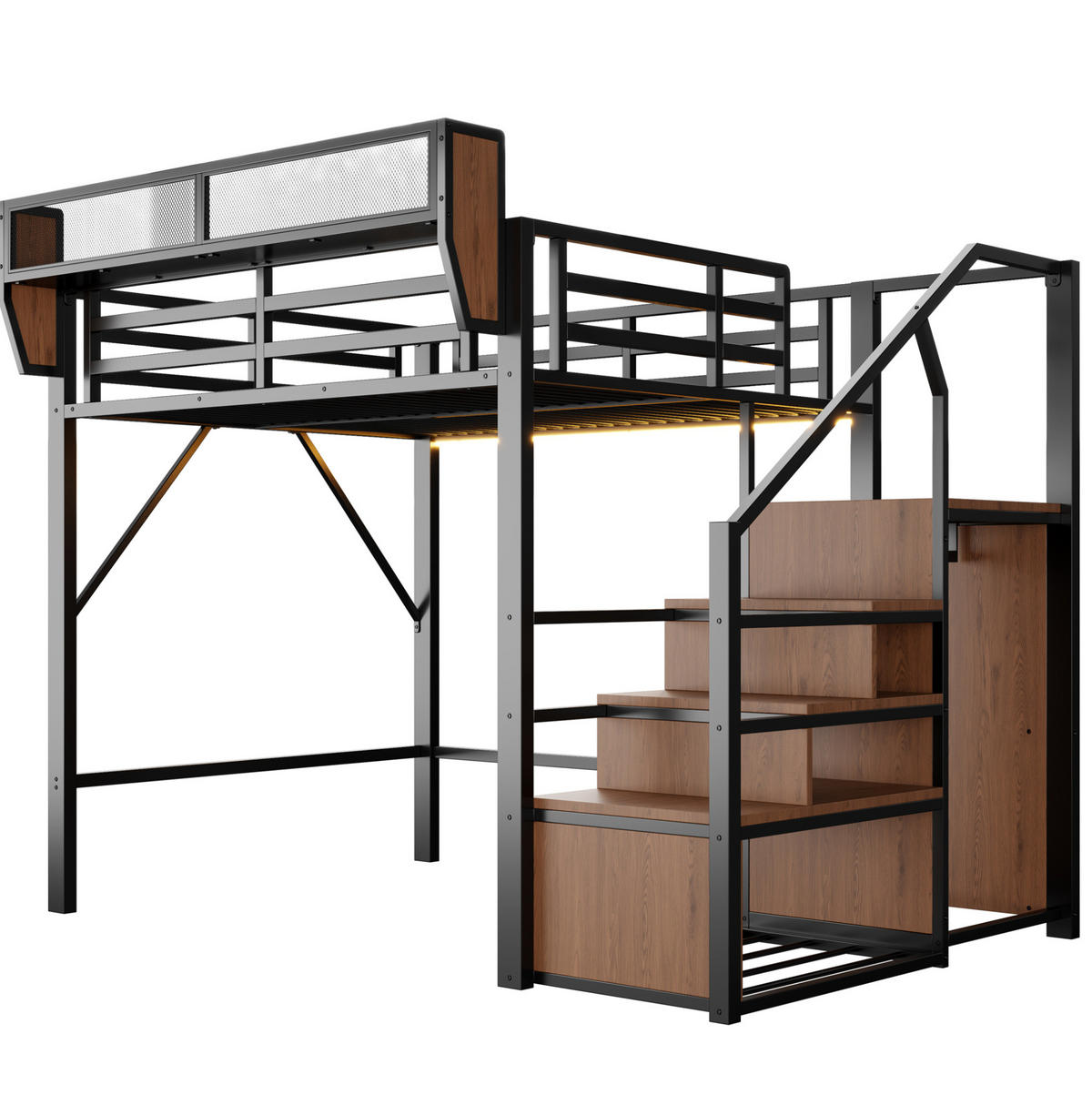 HOCHBETT 140/200 cm Schwarz mit LED und Sicherheitsleiter ohne Matratze - Schwarz, Metall (140/200cm) - MIVRAY