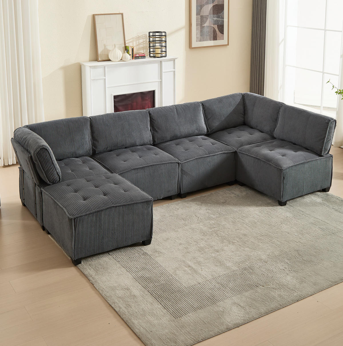 SOFA modular 6-Sitzer 308 x 154 cm Cord Gray - Grau, Kunststoff (154/82/308cm) - Meubliv