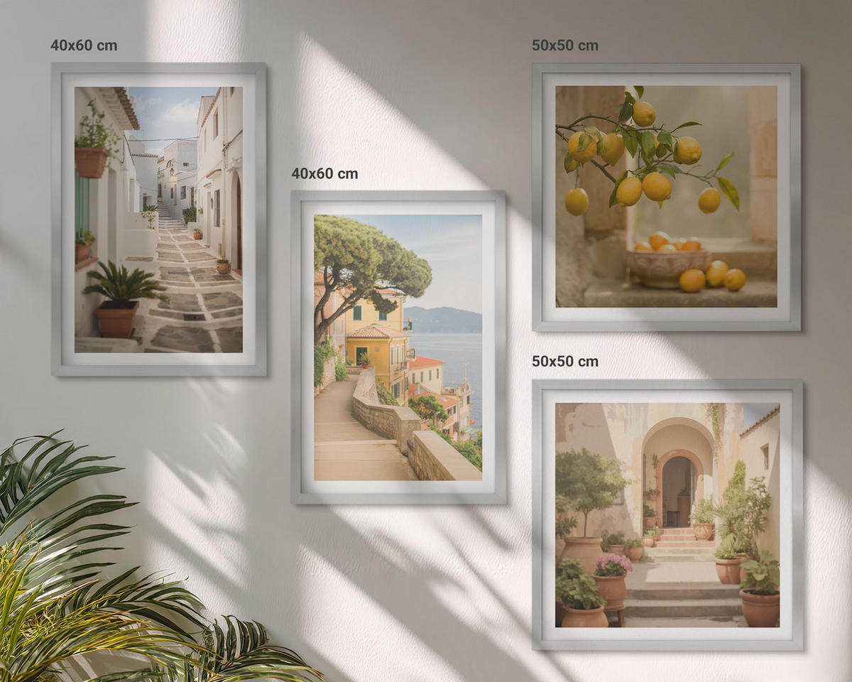 BILDER SET 4er Set - 50x50 cm & 40x60 cm Silberner Rahmen - Zitrusbaum im Fenster am Meer - Silberfarben, Kunststoff (50/50cm) - TULUP