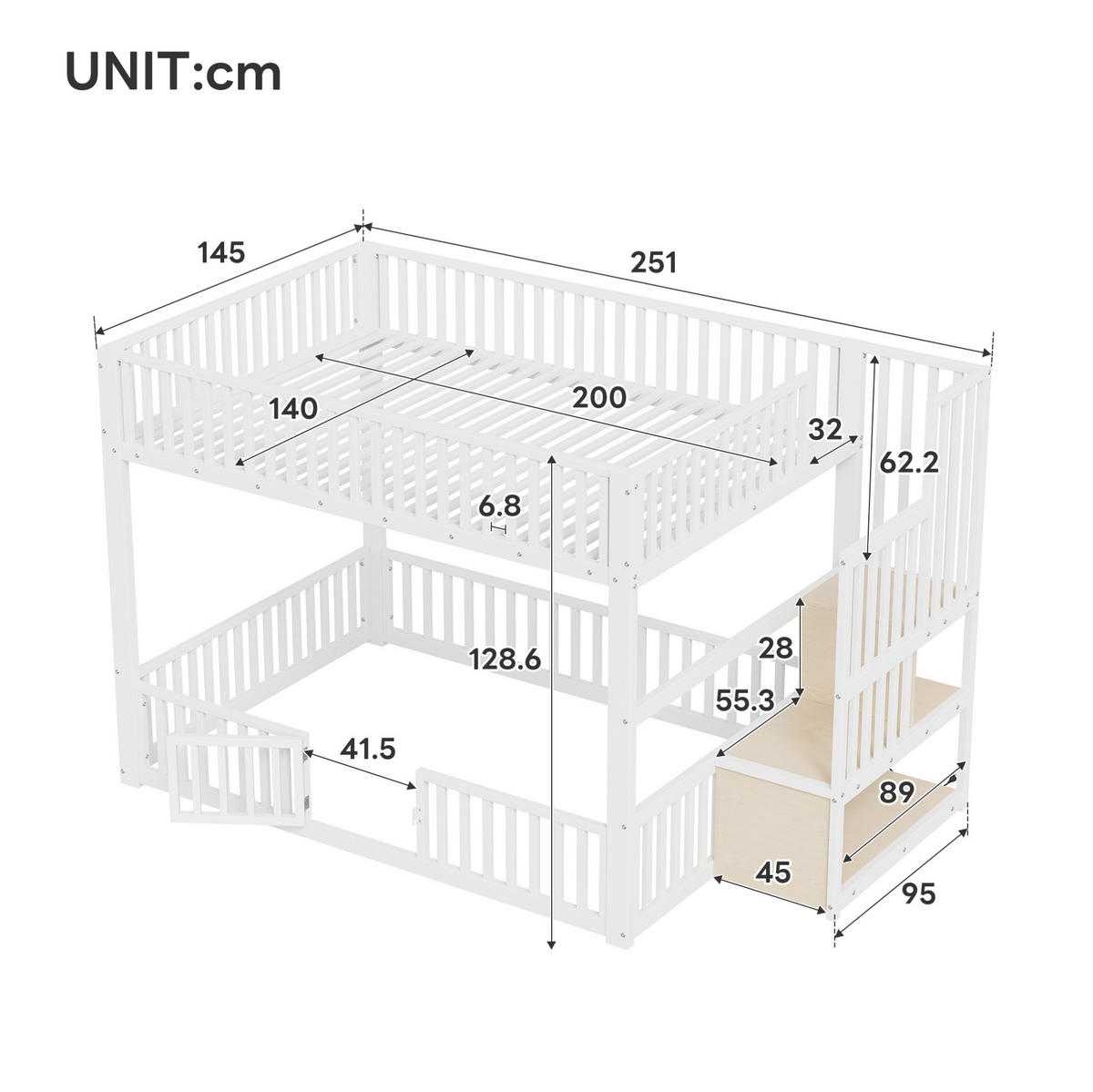 ETAGENBETT 140/200 cm Weiß mit LED und Stauraumleiter - Weiß, Metall (140/200cm) - MIVRAY