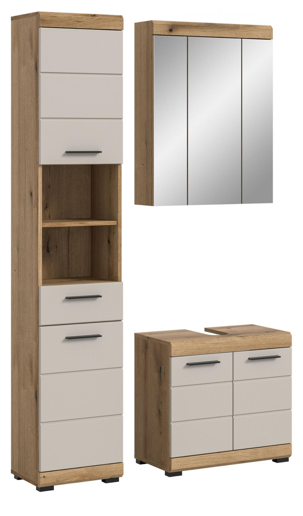 BADMÖBEL Set 3-teilig in Sand Kashmir und Evoke Eiche Badkombination 112 x 191 cm Shawn - Kaschmir/Eichefarben, Glas/Holzwerkstoff (112/191/34cm) - Inn.Furn