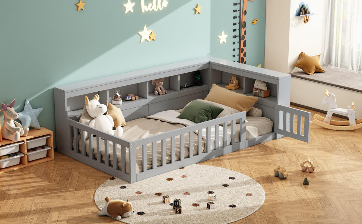 TAGESBETT 90/200 cm mit Staufach, Lattenrost, Steckdose und USB-Anschluss, Grau - Grau, Holzwerkstoff