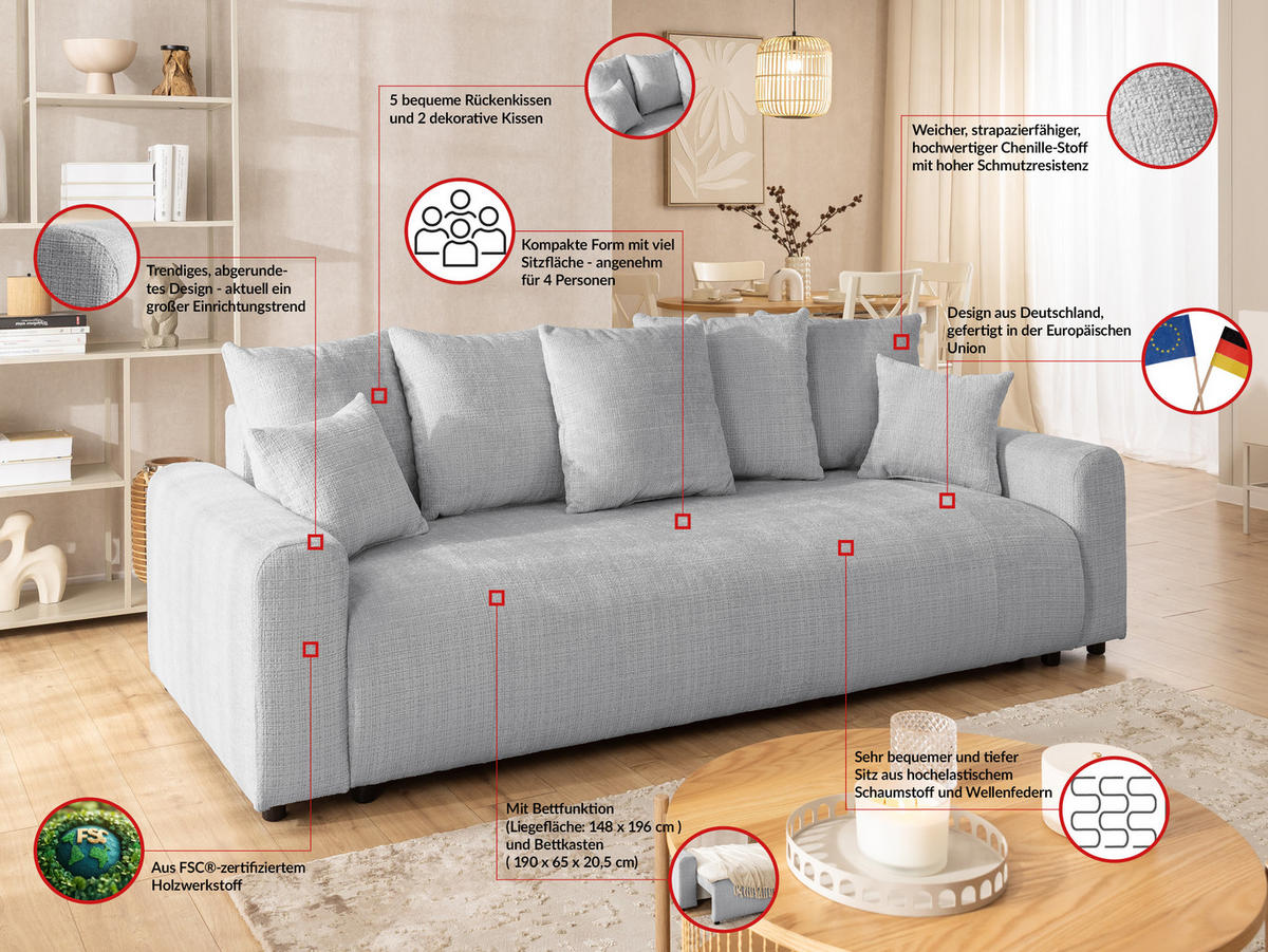 SCHLAFSOFA Calma mit Bettkasten im Bumpy-Design aus weichem Hellgrau Chenille-Stoff - Hellgrau/Schwarz, Holz/Kunststoff (239/88/98cm) - S-Style Möbel