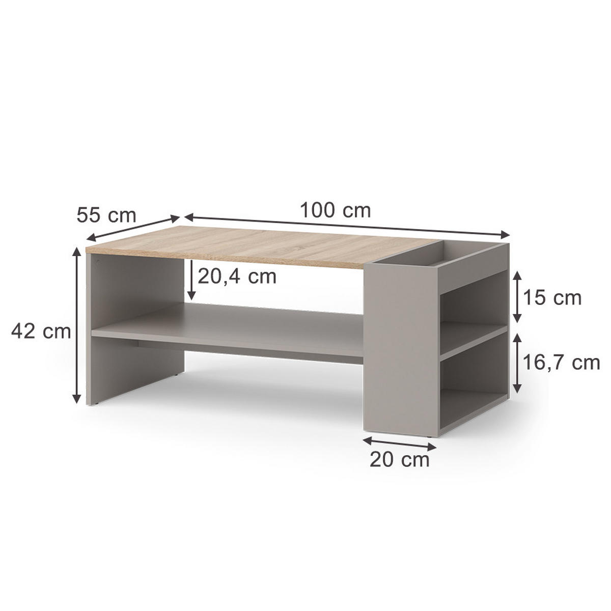 COUCHTISCH Wido Greige 100 x 55 cm mit Regalen - Greige/Sonoma Eiche, Holzwerkstoff (55/100/42cm) - Vicco