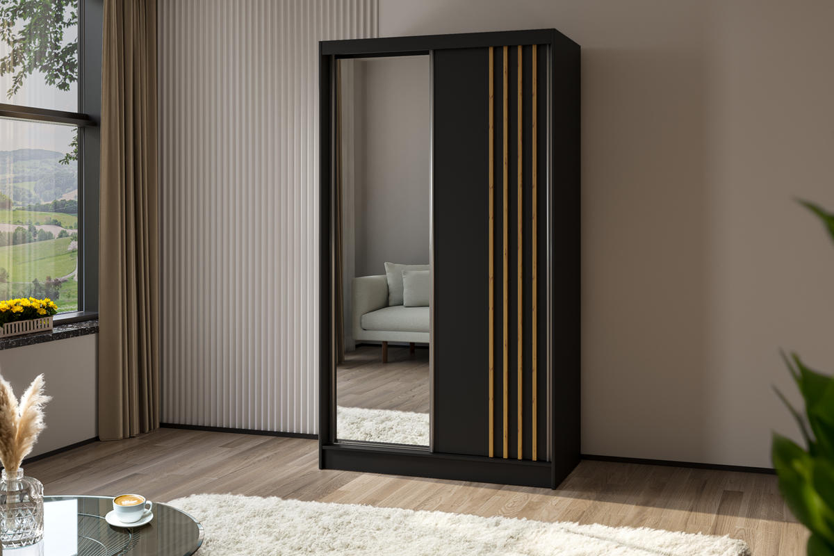 KLEIDERSCHRANK mit Spiegel-Schiebetüren und Aluminium-Leisten - NALLA - 120 cm Schwarz+Schwarz+Artisan - Anthrazit/Eiche Artisan, Holzwerkstoff (120/216/61cm) - ALTDECOR