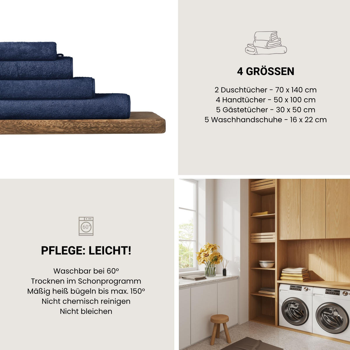 WASCHHANDSCHUHSET Milano - 5-teilig - 16x22 cm - Dunkelblau - Dunkelblau, Textil (16/22cm) - SCHIESSER