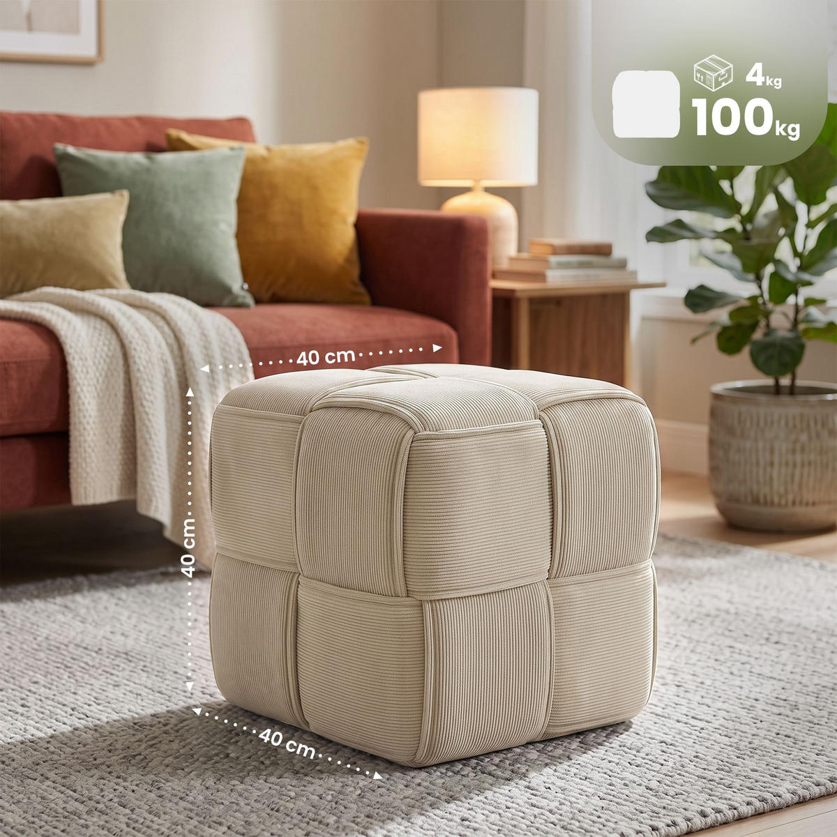 SITZWÜRFEL eckig 40/40/40 cm Cord Creme - Creme, Kunststoff/Textil (40/40/40cm) - CLP