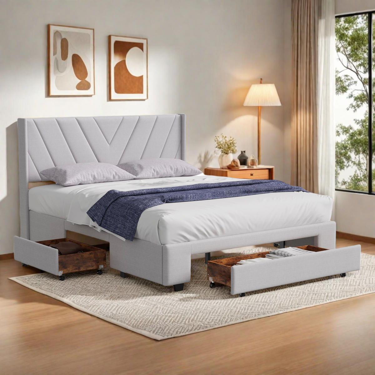 DOPPELBETT 140x200 Beige Leinen 3 Schubladen pflegeleicht - Beige, Metall (140/200cm) - SHOPENTRA