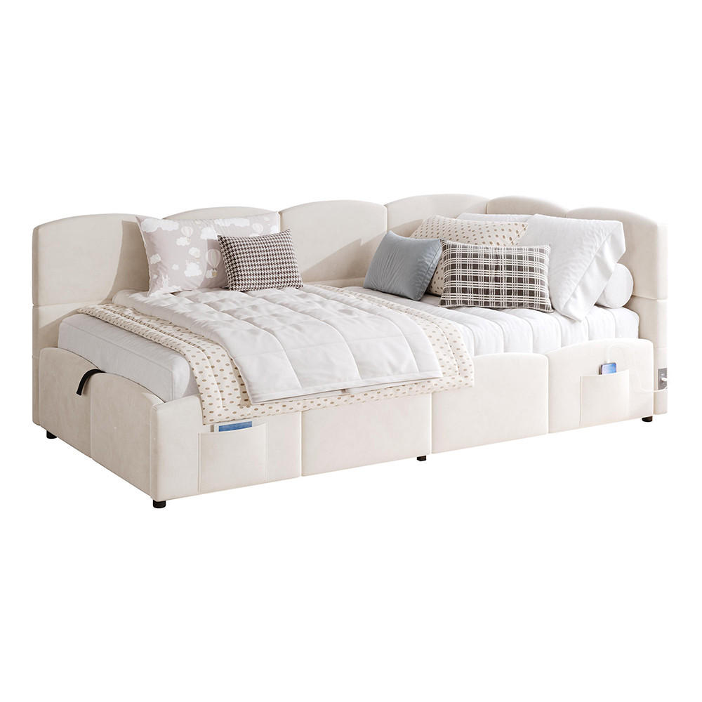 POLSTERBETT 90x190 cm mit Stauraumbett und Lattenrost, Samt, beige - Beige, Holz/Textil (90/190cm) - KOMHTOM