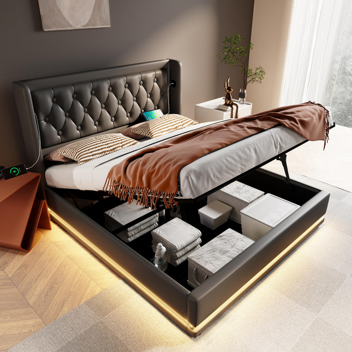 POLSTERBETT 160x200cm Doppelbett hydraulisch LED & USB-C Schwarz PU - Schwarz, Holz (160/200cm) - FLIEKS