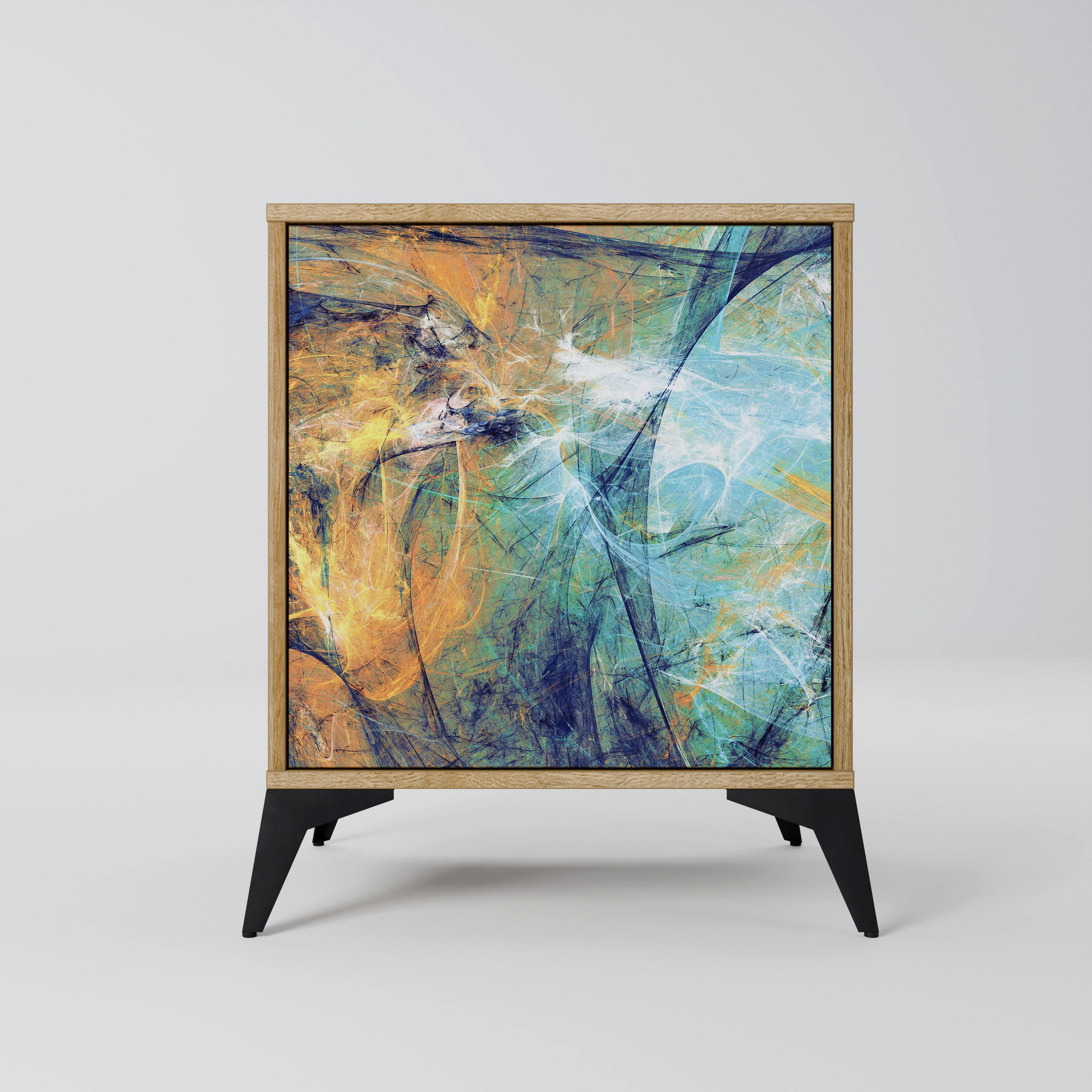 SIDEBOARD ABSTRACT THOUGHTS, Eichefarben, 57,5x42x70,5 cm, Schwarze Metall-Sternfüße - Eichefarben/Multicolor, Holzwerkstoff/Metall (57.5/70.5/42cm) - SpaceRebels