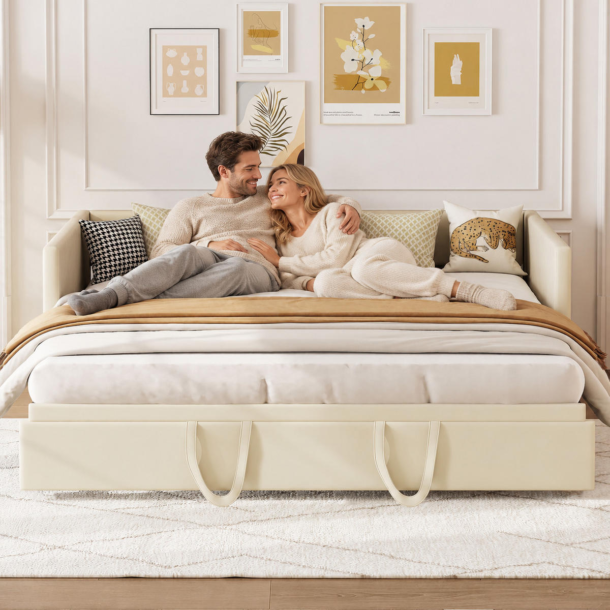 SCHLAFSOFA Samt creme ausziehbar mit Gästebett Funktion 3-fach umwandelbar Tagesbett mit Rollen - Beige, Metall (183/74/213cm) - Joyfair